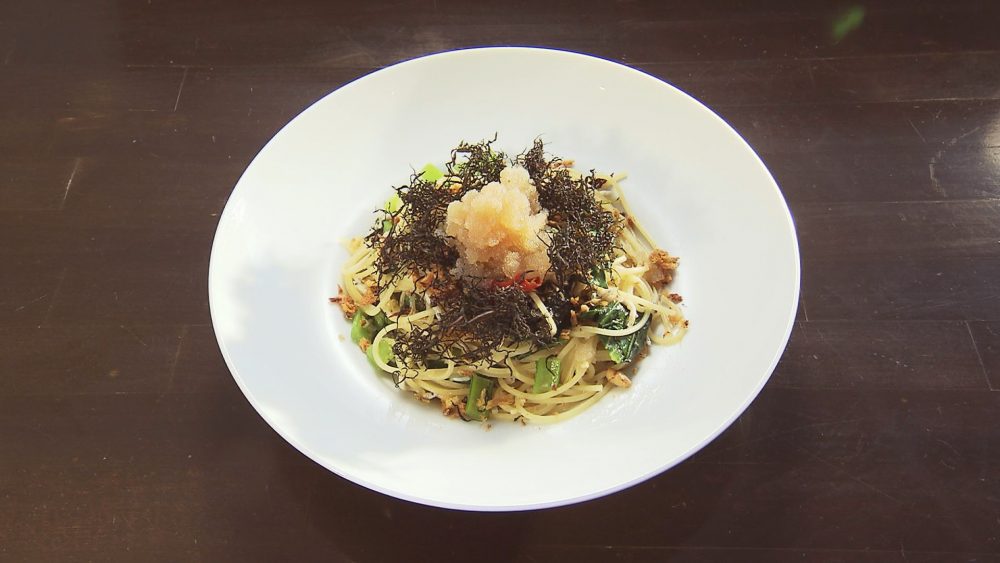 脇ノ沢産まだらたらこの醤油漬けと小女子のスパゲティ